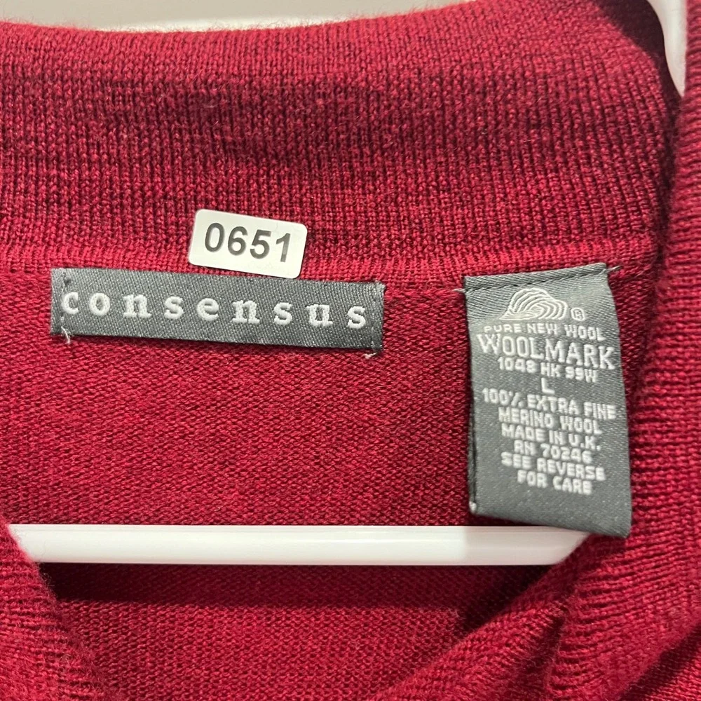 Consensus Mens Merino Wool Long Sleeve Polo Sweater Burgundy‎ Red Made in UK L